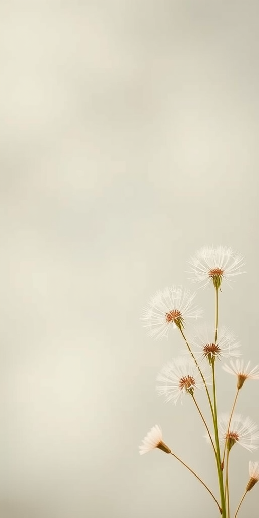 Create a soft, muted background with delicate dandelion seed illustrations in the corner, using a Canon EOS 5D Mark IV with a 50mm lens, aperture set to f/1.8, ISO 100, and a shallow depth of field to enhance the image quality and focus on the details of the seeds.