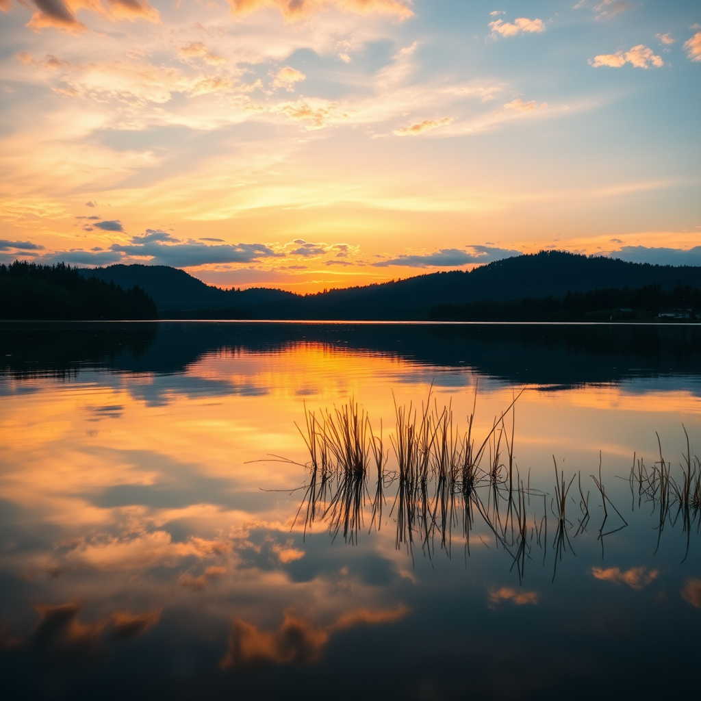 Capture a high-resolution image of a sunset over a calm lake, using a Canon EOS R5 with a 24-70mm f/2.8 lens, ISO 100, aperture f/11, and shutter speed 1/60s, shot from a low angle to include reflections in the water for added depth and color vibrancy.