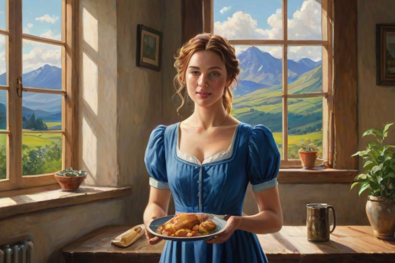 In "A Glass of Beer on the Highland," a serene scene is depicted in a sunlit room where a woman in a vibrant blue dress stands by a large window. She holds a tray with a hearty meal and a frothy glass of beer, embodying a moment of relaxation. Outside, the breathtaking highland landscape features rolling green hills and a charming traditional house, all bathed in warm afternoon light. The interior is adorned with potted plants, creating a harmonious blend of comfort and nature. The painting beautifully captures the tranquility and joy found in simple pleasures amidst stunning scenery