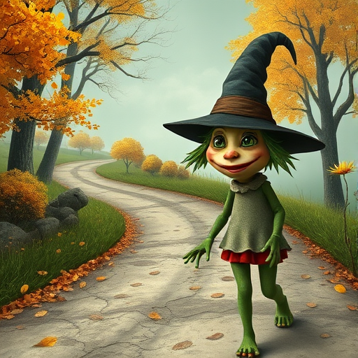 digital art fantasy depicting a strange girl with green hair, long eyelashes, green lipstick and a tall hat walking along a winding road on an autumn afternoon, an Frog smiles as she passes