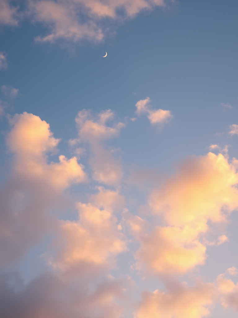 A serene sky with fluffy clouds and a crescent moon, captured with a Canon EOS R5, 50mm lens, f/8 aperture, ISO 100, using golden hour lighting for enhanced soft contrasts and vibrant colors.