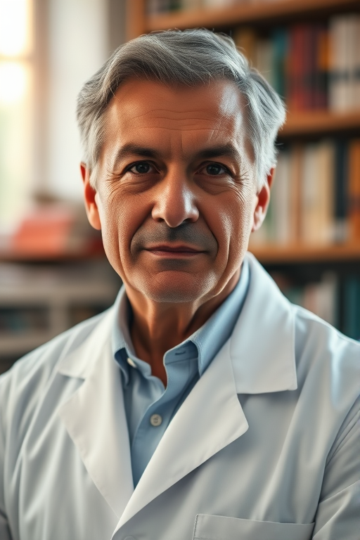 regenerate the image of a mature man with graying hair in a white lab coat, soft natural lighting, shallow depth of field, shot with a Canon EOS R5, 85mm lens, f/1.8, ISO 100, 1/200s, interior setting with bookshelves in the background