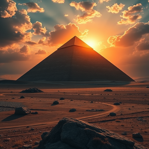 Create a surreal landscape featuring a massive pyramid illuminated by a glowing sun set against a dramatic sky, captured with a Canon EOS R5, 24mm lens, f/8 aperture, ISO 200, in a wide-angle view to enhance depth and detail with a cinematic style.