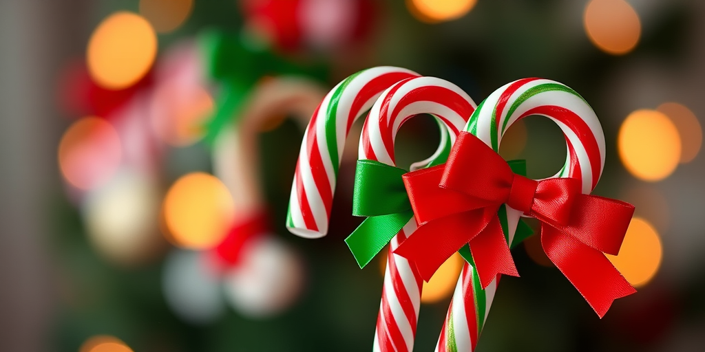 Generate a high-resolution image of three colorful candy canes with red and green bows, shot with a Canon EOS R5 at f/2.8, ISO 100, 50mm lens, using a shallow depth of field for a blurred background and vibrant colors.