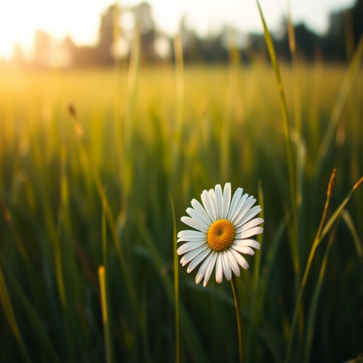 Soft-focus close-up of a single daisy growing in a field of tall grass, soft morning light illuminating the delicate petals, with distant trees barely visible on the horizon.