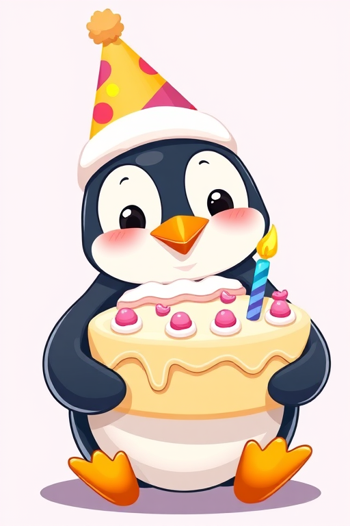 Cute cartoon penguin holding a birthday cake with a candle, colorful party hat, vector style, f/2.8 aperture, ISO 100, 50mm lens, 3-point lighting setup, digital illustration style.