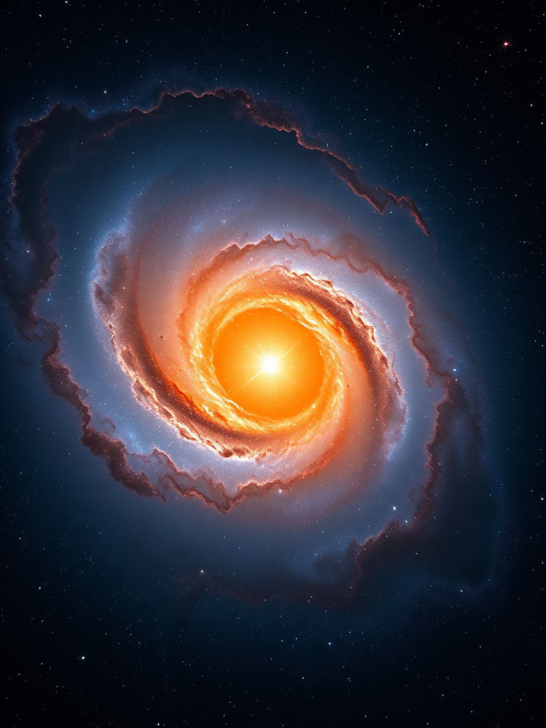 Generate an image of a vibrant orange star at the center of a swirling galaxy with deep blue and shimmering red nebulae, ultra-high definition, 50mm lens, f/2.8 aperture, ISO 100, shot from a wide-angle perspective, DSLR camera.
