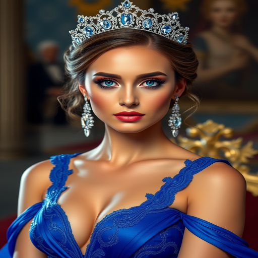 A gorgeous woman in a luxurious blue gown, accessorized with a dazzling tiara and statement earrings, her deep blue eyes highlighted by impeccable makeup, poised in a royal setting, photorealistic, 8K quality