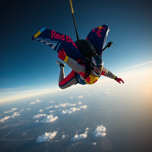 high-resolution image of a wingsuit diver descending, with vibrant Red Bull branding, shot with a DSLR camera at ISO 100, f/2.8 aperture, 1/500s shutter speed, wide-angle lens, from a slightly low angle to emphasize height and motion, capturing dynamic colors and details in the fabric and background.
