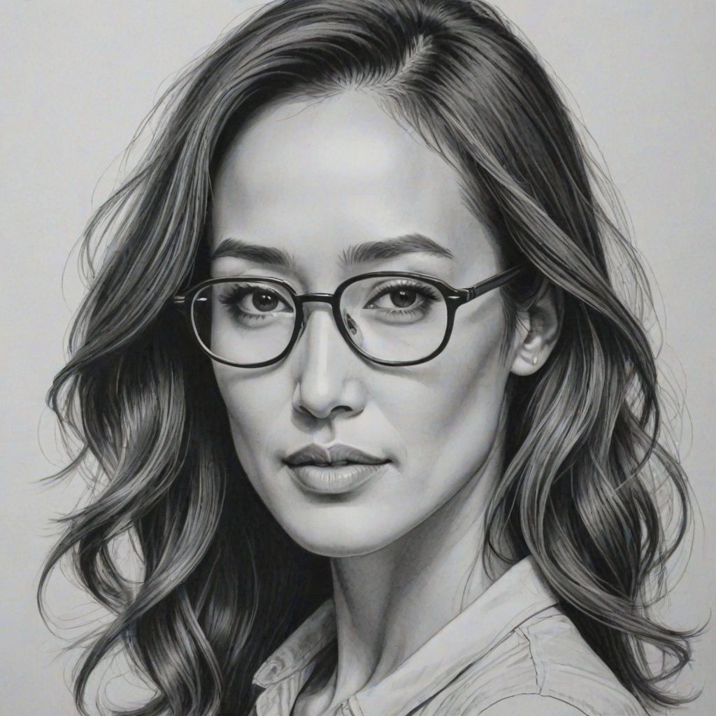 Fetching Maggie Q, pencil sketch, portrait of Magnificent woman 1945s in glasses, hair style beatnik, outline, clear lines, fine lines, 8k