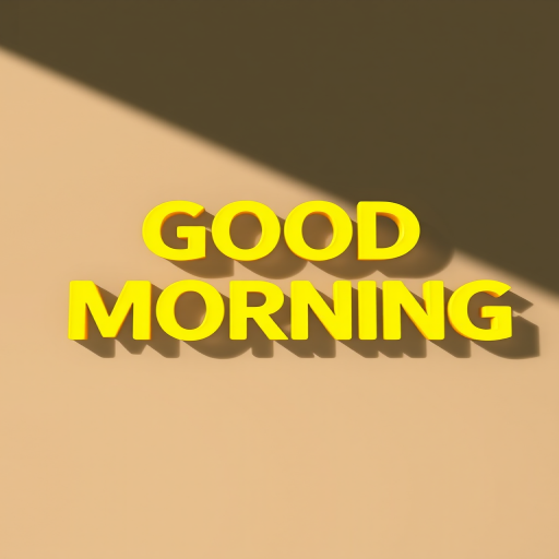 Create an illustration of the words Good Morning in bold, stylized yellow lettering on a transparent background, using a Canon EOS R5 camera with an aperture of f/2.8, ISO 100, and a 50mm lens, shot from a slight overhead angle to enhance detail and vibrant colors.