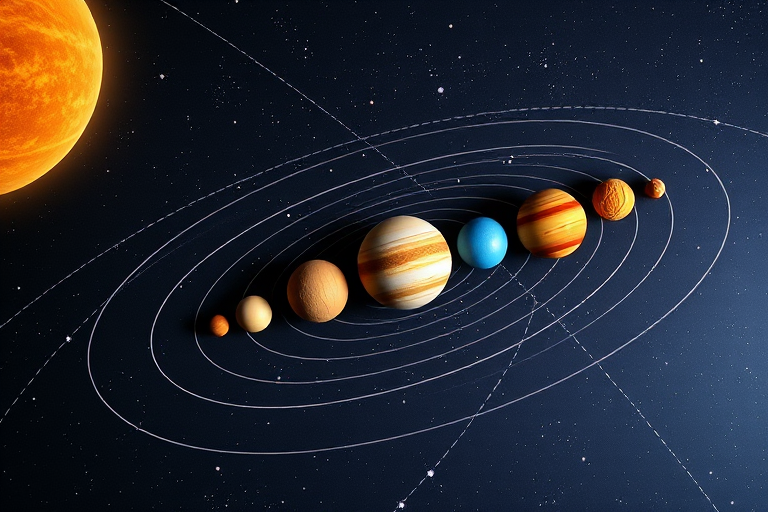 Create a vibrant illustration of the solar system with scaled planets along a curved path in space, utilizing a DSLR camera at f/5.6 aperture, ISO 100, 24mm focal length, shot in a flat lay perspective with a soft light style to enhance colors and details.