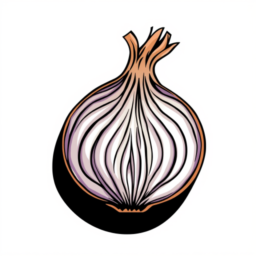 Create an illustration of a stylized onion with bold lines and textures, using a soft focus lens, aperture set at f/4, ISO 200, and a top-down view on a black background, captured with a DSLR camera to enhance image quality.