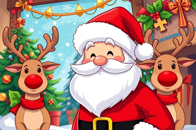 Create a colorful illustration of a festive holiday scene featuring a cartoon Santa Claus, a Santa hat, two reindeer with red noses, a Christmas tree, holly, and decorative crosses, captured with a 50mm lens at f/2.8, shot from eye level with a bright, cheerful color palette in a digital art style.