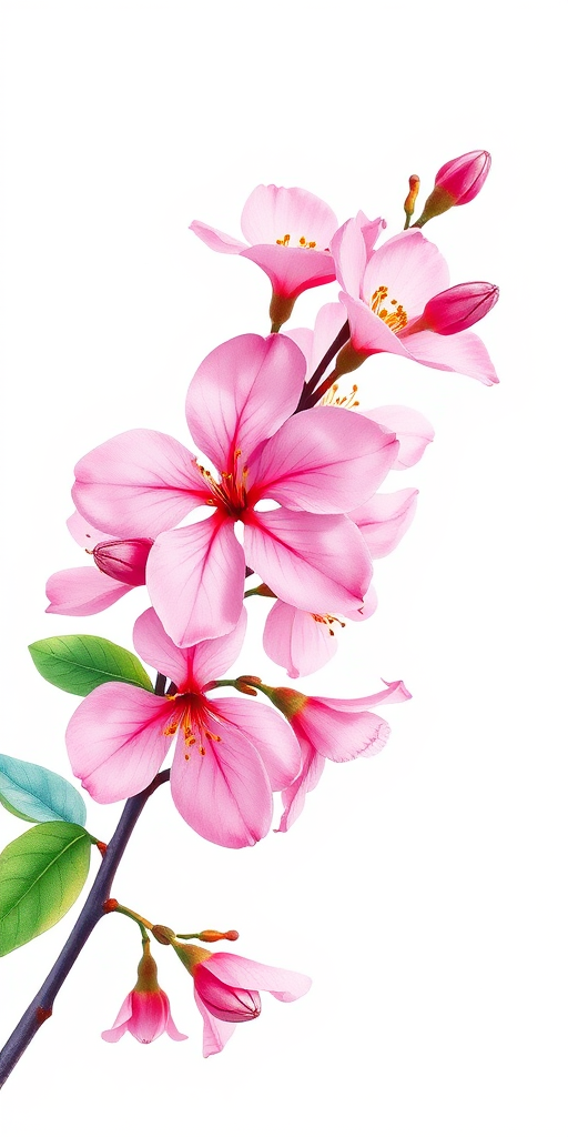 create a vibrant watercolor illustration of a pink flower branch on a white background, using a Canon EOS R5 with a 50mm f/1.2 lens, aperture set to f/2.8, ISO 100, 1/200s shutter speed, focused on the flower details, soft natural lighting for an artistic effect.