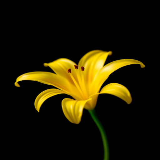 macro shot of a vibrant yellow lily on a black background with soft natural lighting, aperture f/2.8, ISO 100, shutter speed 1/200s, DSLR camera, 50mm lens, shallow depth of field
