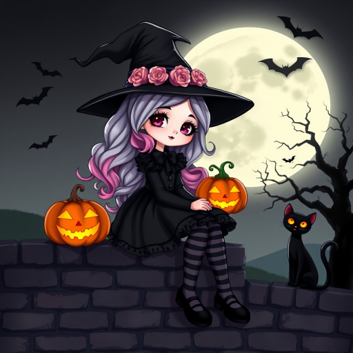 A cute, gothic-style cartoon of a young witch resembling Wednesday Addams sitting on a brick wall under a full moon. She has long wavy hair with silver, pink, and purple ombre highlights, and wears a classic black witch hat decorated with a pumpkin and roses. She is dressed in a black frilly dress with striped stockings and black shoes. A glowing Jack-o'-lantern sits beside her, and a black cat with glowing orange eyes is next to her. The background features a large moon, silhouetted bats, and a spooky tree, with a soft monochrome and slightly glowing effect, creating a magical Halloween atmosphere.