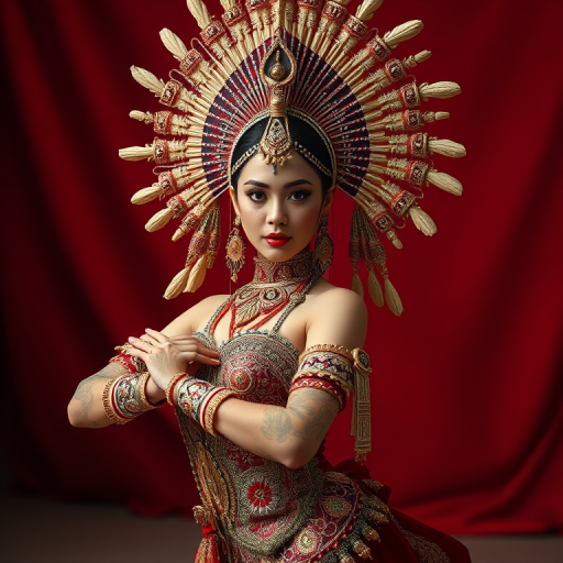 create an image of a dancer in an ornate costume with intricate details and a dramatic headdress, using a Canon EOS R5 camera, 85mm lens, f/1.8 aperture, ISO 100, in a studio setting with soft lighting and a blurred red background for emphasis on the subject