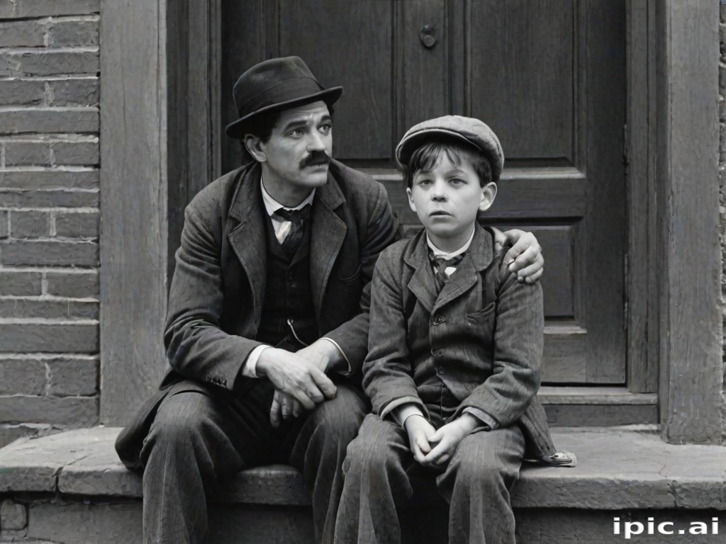 A black-and-white photograph of a man and a child sitting on steps in front of a doorway. The man is dressed as a tramp with a bowler hat, mustache, and ragged clothes, reminiscent of Charlie Chaplin's iconic look. He is sitting with his arms crossed and an expression of slight sadness or frustration. Next to him is a young boy, also in worn clothes and a cap, sitting with his hands clasped, looking thoughtful. The background is an old, textured wall and a partially open door, creating a vintage, early 20th-century atmosphere.