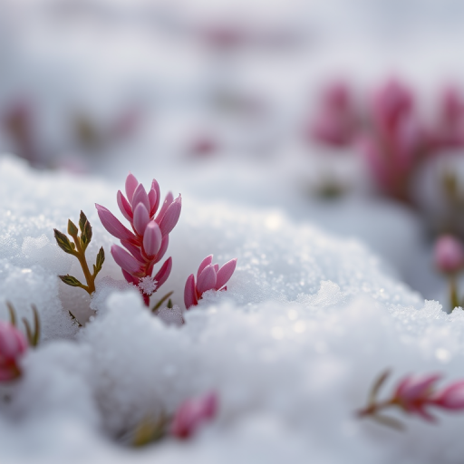 Close-up of pink flowering heather emerging from white snow with a shallow depth of field, ISO 100, f/2.8, 1/250s, macro lens, natural light, DSLR camera, soft focus background.