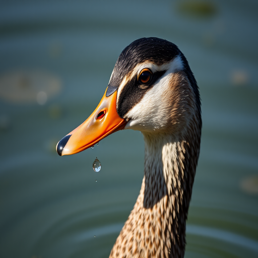 a close-up shot of a waterfowl in a serene pond, capturing the bird's detailed feathers and water droplets, natural light, f/5.6 aperture, ISO 200, shutter speed 1/500s, 50mm lens, DSLR camera, shallow depth of field, vibrant colors