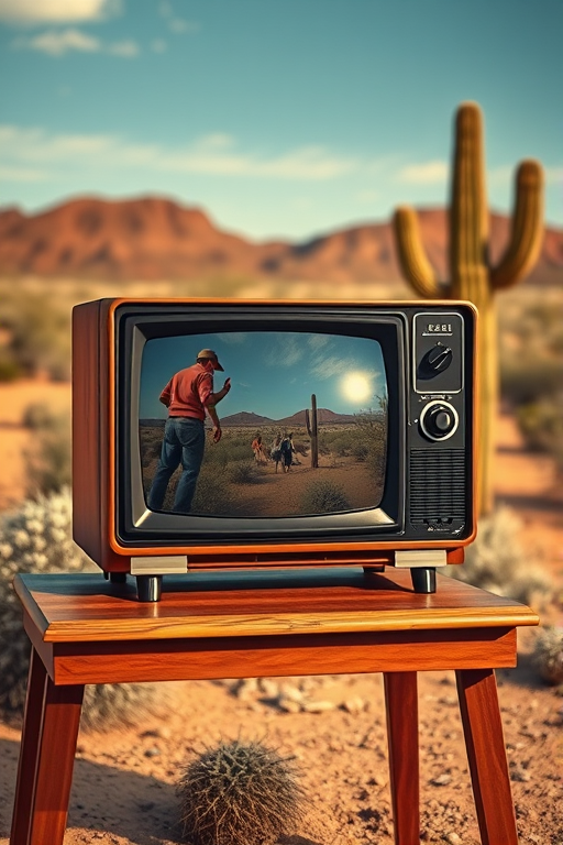 Create a surreal landscape featuring a vintage television set on a wooden table in a desert setting with a prominent cactus, reflecting a lively scene inside the TV, taken with a DSLR camera at 24mm, aperture f/8, ISO 100, and a shallow depth of field for enhanced detail and vivid colors in both foreground and background.