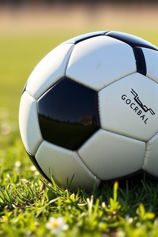 Generate a detailed and high-resolution image of a classic black and white soccer ball resting on a grassy field under bright sunlight, using a DSLR camera with a 50mm lens, aperture set to f/2.8, ISO 100, and a shallow depth of field to create a blurred background effect.