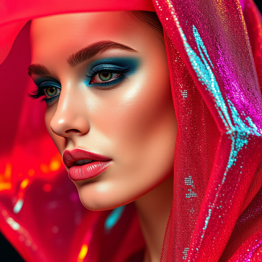 Runway capture, a beautiful model, vibrant colors, metallic textures, high fashion editorial , a 100mm macro lens to get extreme close-ups of intricate details like fabric stitching, accessories, or makeup artistry