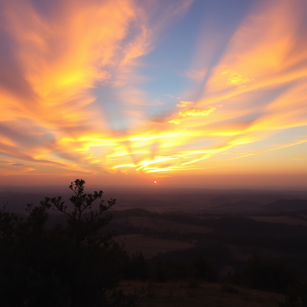 Generate a high-resolution image of a serene landscape at sunrise with vibrant colors, using a DSLR camera, 24mm lens, f/8 aperture, ISO 100, and a wide-angle view to capture the expansive sky and foreground elements.