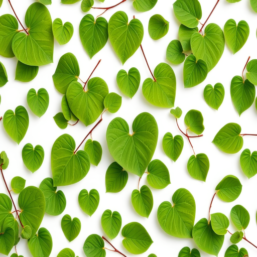 Regenerate a seamless repeating pattern of green leaves and heart-shaped foliage on a white background, using a Canon EOS R5 camera with a 50mm f/1.8 lens, aperture set to f/5.6, shot from a top-down view, employing natural soft lighting for a bright and vibrant appearance.