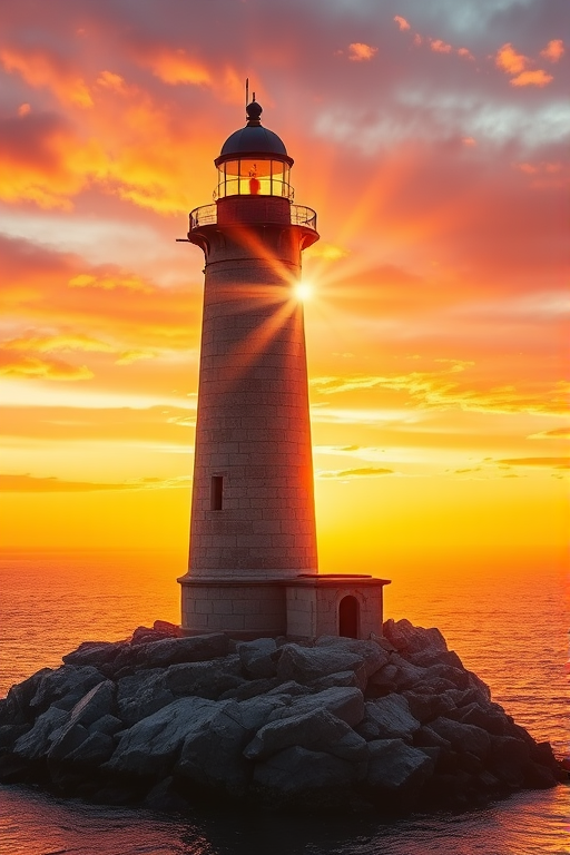 Generate an image of a tall lighthouse perched on a rocky outcrop surrounded by calm ocean waters during a breathtaking sunset. The lighthouse stands sturdy and weathered, its stone surface illuminated by the warm golden light of the setting sun. The sun's rays pass directly through the glass lantern room at the top of the lighthouse, casting a brilliant light across the scene. The sky is painted with vibrant shades of orange, pink, and purple, reflecting off the tranquil sea. The surrounding water shimmers with the same warm hues, creating a serene and majestic atmosphere.