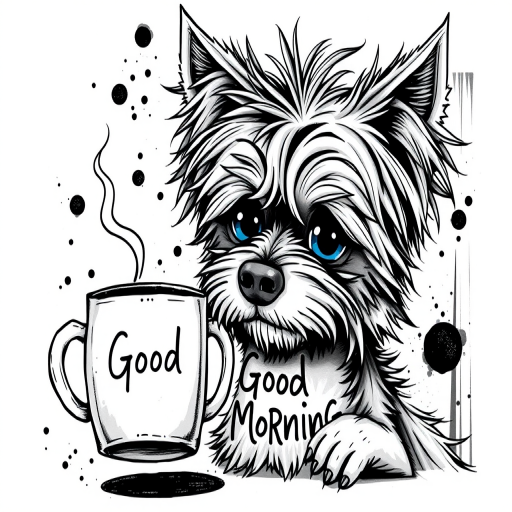 A quirky, artistic illustration of a disheveled chinaranian dog breed with exaggerated, large eyes and spiky fur, holding a coffee mug that reads "Good Morning". The dog has a tired but humorous expression, with ink splatters and abstract details surrounding it, giving a whimsical feel to the image. The color palette is mostly monochrome with hints of blue in the eyes and steam rising from the mug, enhancing the overall sleepy vibe