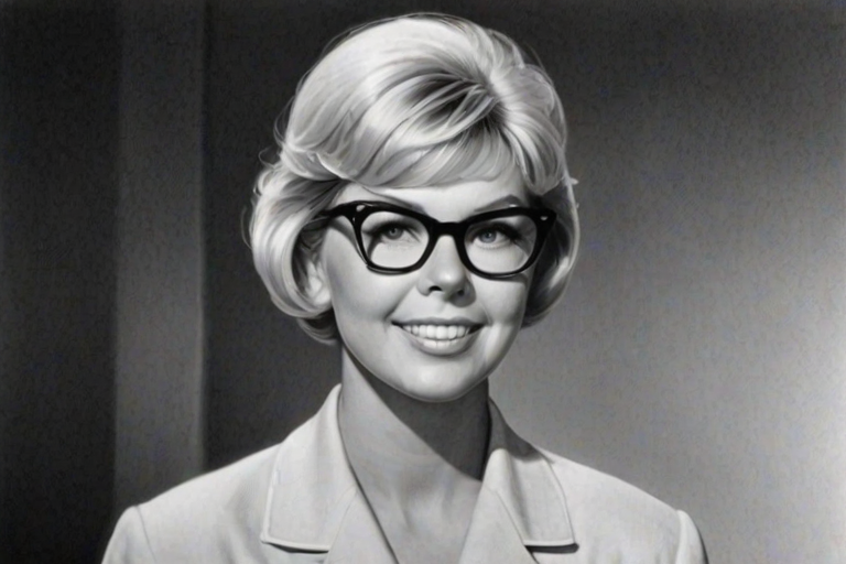 Radiant Doris Day, pencil sketch, portrait of Fascinating woman 1964s in glasses, hair style beatnik, outline, clear lines, fine lines, 8k