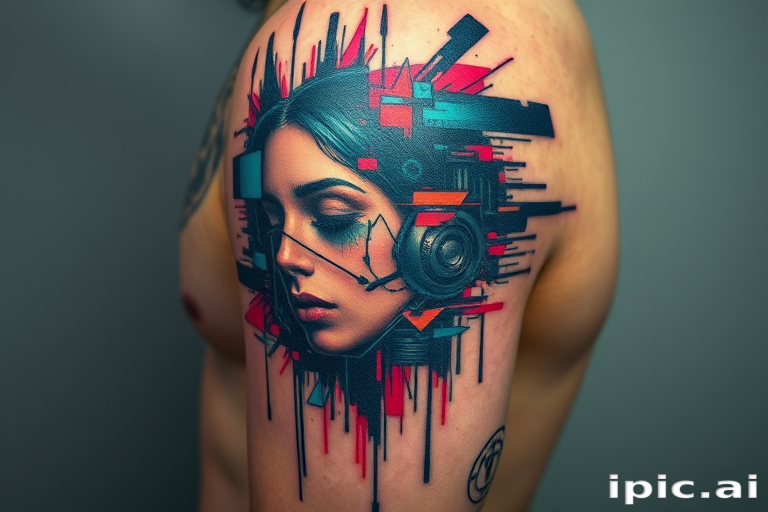 Glitch art tattoo incorporating digital distortion effects and pixelated elements, fragmented imagery and color shifts, modern technological aesthetic with a surreal twist