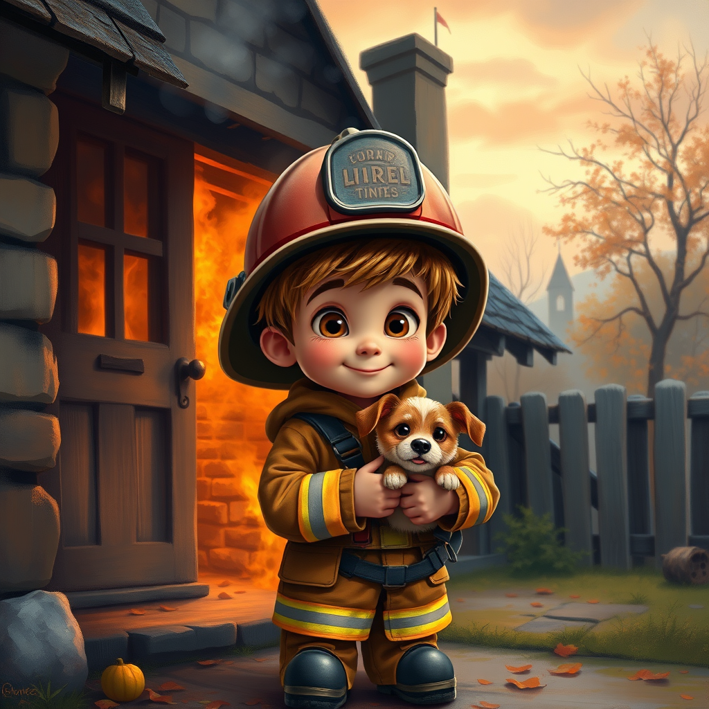 airbrushed oil painting, pixar style, cute little boy in fireman gear, helmet, tousled hair, expressive eyes, standing in the doorstep of a cottage burning behind him, holding a cute little dog in his arm, atumn sky