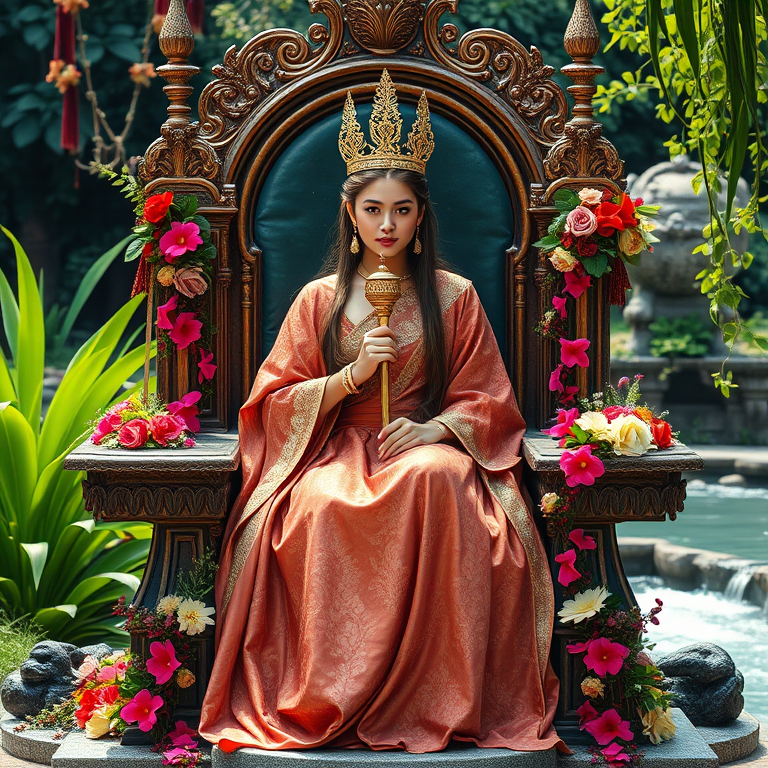 Create an image of a regal woman sitting on a throne adorned with flowers, holding a scepter, surrounded by lush greenery and flowing water, captured with a DSLR camera at f/2.8 aperture, 50mm lens, natural lighting, and vibrant colors.