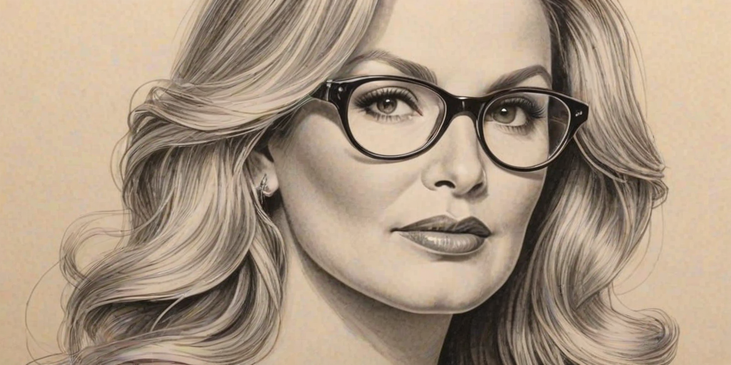 Dazzling Jennifer Coolidge, pencil sketch, portrait of Bewitching woman 1938s in glasses, hair style beatnik, outline, clear lines, fine lines, 8k