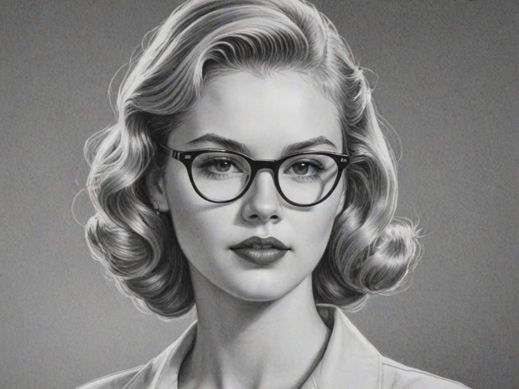 Attractive Claudia Lee, pencil sketch, portrait of Exquisite woman 1953s in glasses, hair style beatnik, outline, clear lines, fine lines, 8k