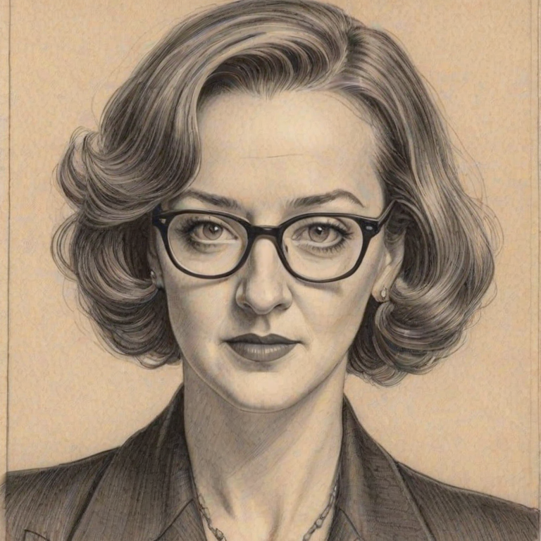 Alluring Joan Cusack, pencil sketch, portrait of Gorgeous woman 1933s in glasses, hair style beatnik, outline, clear lines, fine lines, 8k