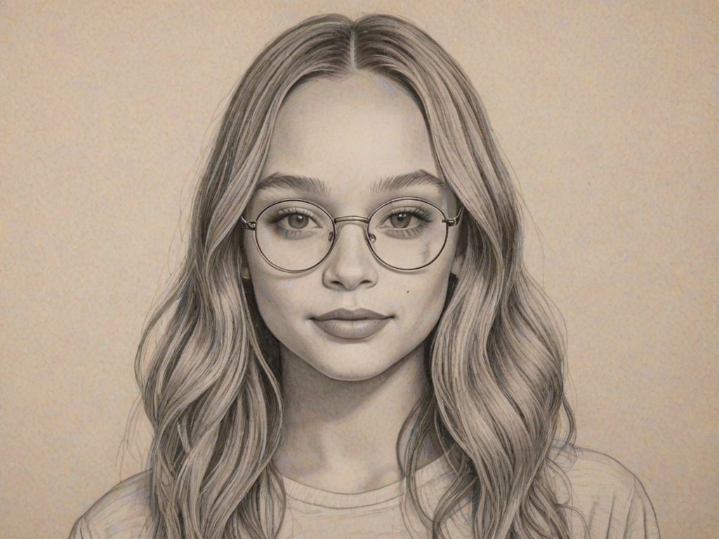 Magnificent Maddie Ziegler, pencil sketch, portrait of Beauteous woman 1974s in glasses, hair style beatnik, outline, clear lines, fine lines, 8k