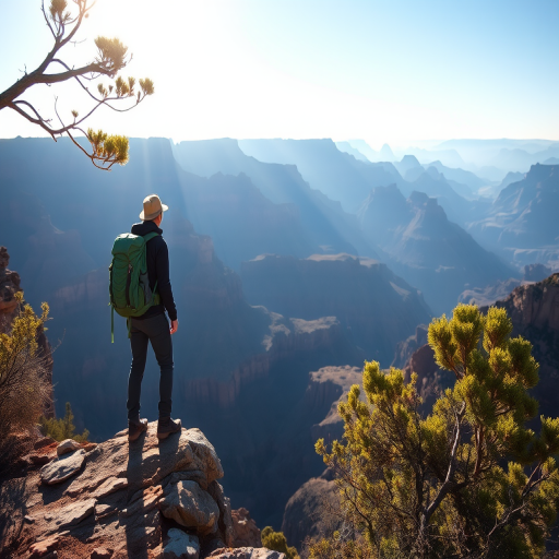 Sharp, high-resolution photo of a hiker standing on a rocky cliff, gazing out at a vast canyon below, sunlight casting long shadows, soft breeze rustling the leaves of nearby shrubs, distant mountains barely visible through the haze.
