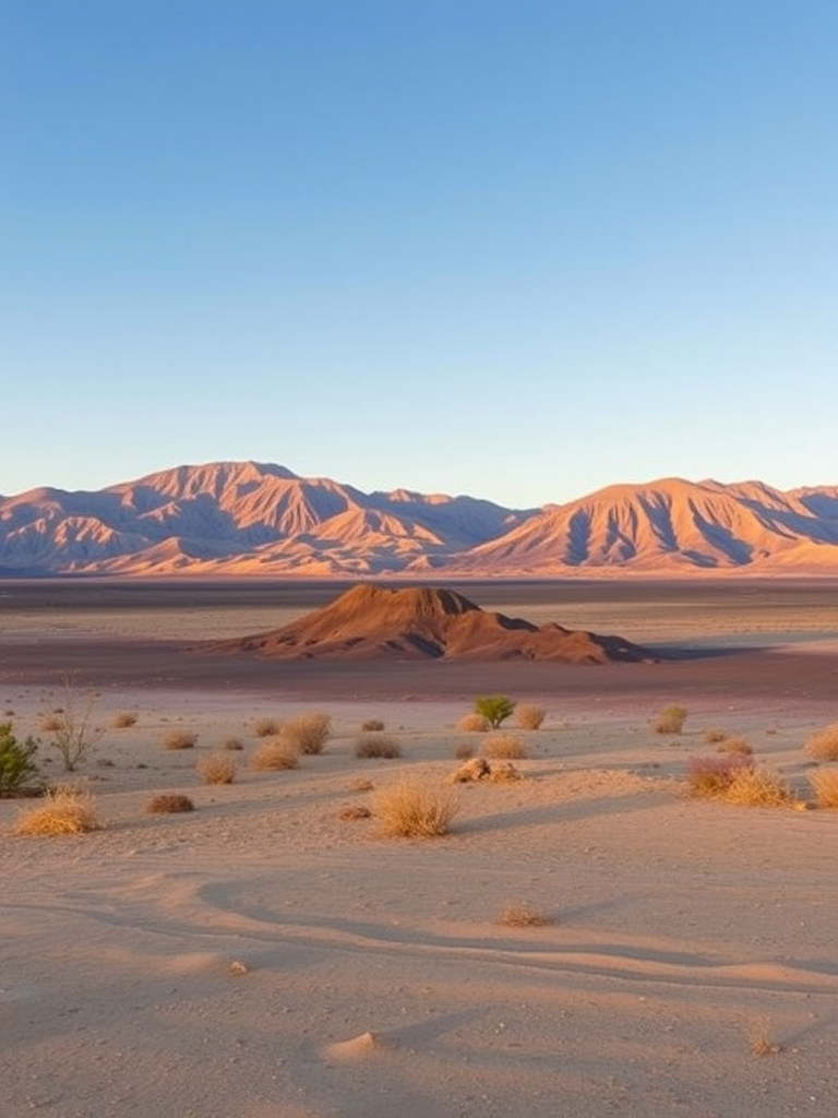desert landscape with volcanic mountains in the distance, clear sky, vibrant colors, wide-angle view, ISO 100, aperture f/11, shutter speed 1/250s, DSLR camera, natural lighting