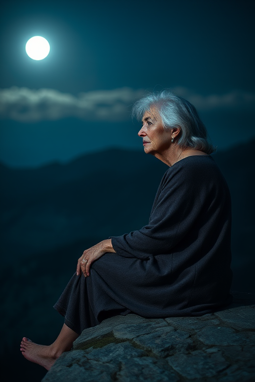 portrait of a contemplative older woman with silver hair sitting on a rocky ledge at night, full moon lighting the scene, slight breeze in the air, atmospheric mountains in the background, Canon EOS R5, 50mm f/1.2 lens, ISO 100, aperture f/2.8, shutter speed 1/125s, soft focus background for depth, twilight color grading