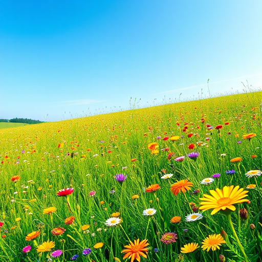 Create a vibrant illustration of a lush green field filled with colorful wildflowers under a clear blue sky, captured with a DSLR camera at f/8 aperture, ISO 100, 1/200s shutter speed, using a wide-angle lens for an expansive view.