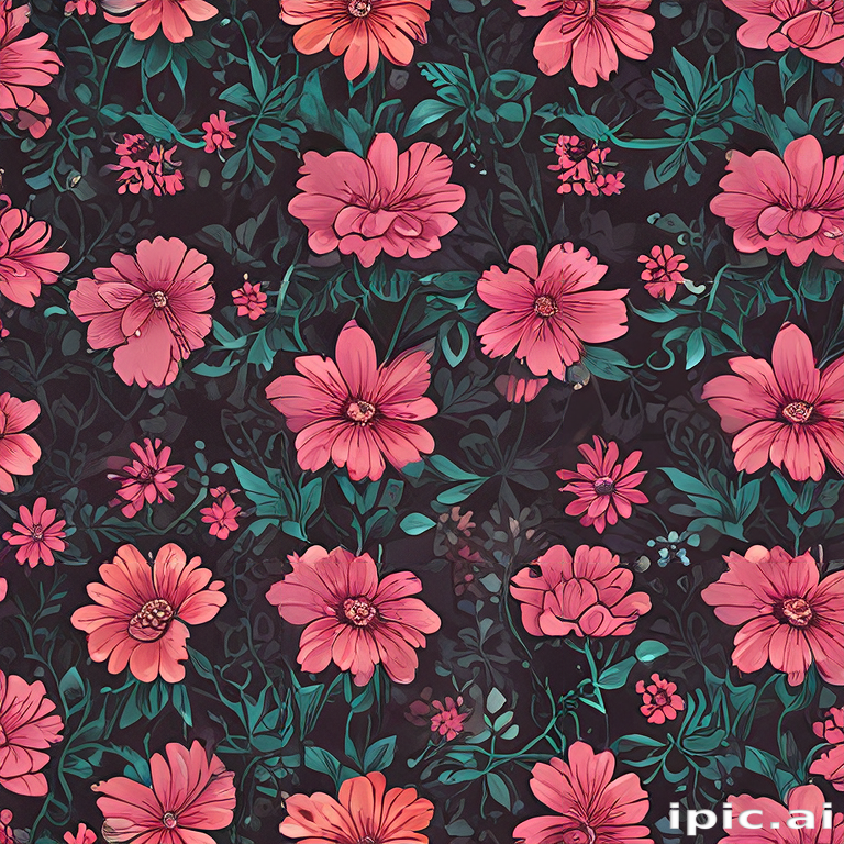 Vibrant Floral Pattern Featuring Various Pink Flowers Against a Dark ...