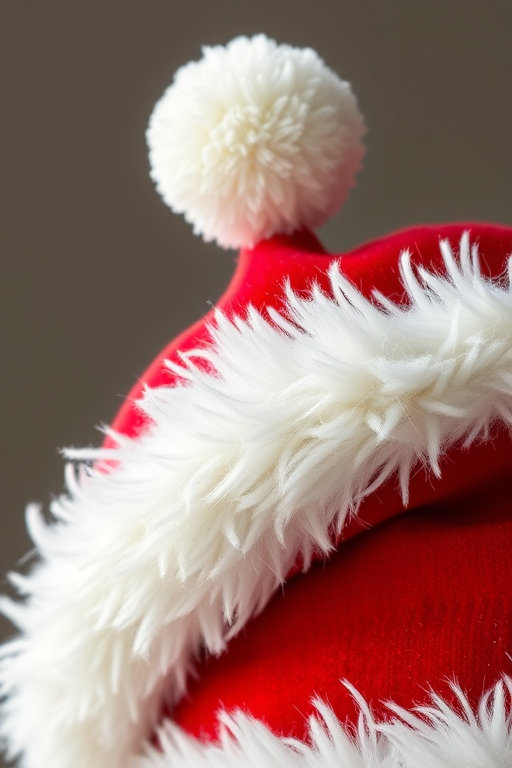 Create a high-resolution image of a classic Santa hat with a fluffy white trim and a pom-pom on the tip, using a DSLR camera with a 50mm lens, f/1.8 aperture, ISO 100, and soft natural lighting to enhance color vibrancy and texture.