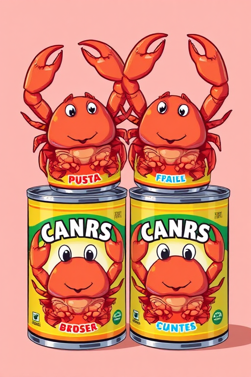 Create an illustration of four canned crab products with bright colors and cartoonish design, using a 50mm lens, f/2.8 aperture, 1/60 shutter speed, and a iso 100 setting, in a studio setting with soft lighting for enhanced image quality.