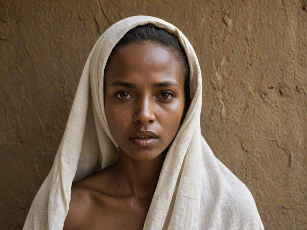 Create a close-up photographic image of a Oromo woman with light skin tones shown against an old, worn wall. Their head is wrapped in a white cloth covering (i.e.... parts of the head except the nose and mouth, which are open as if they are screaming...), with a slight texture and visible folds in the fabric. Thin strands of blonde hair escape from the wrapping above, falling lightly at the top and sides. Their hands hold the fabric as if they are tugging nervously. The lighting is dramatic and even, casting strong shadows. The image has a minimalist and surreal style with an emphasis on simplicity with soft color tones. The composition is centered.