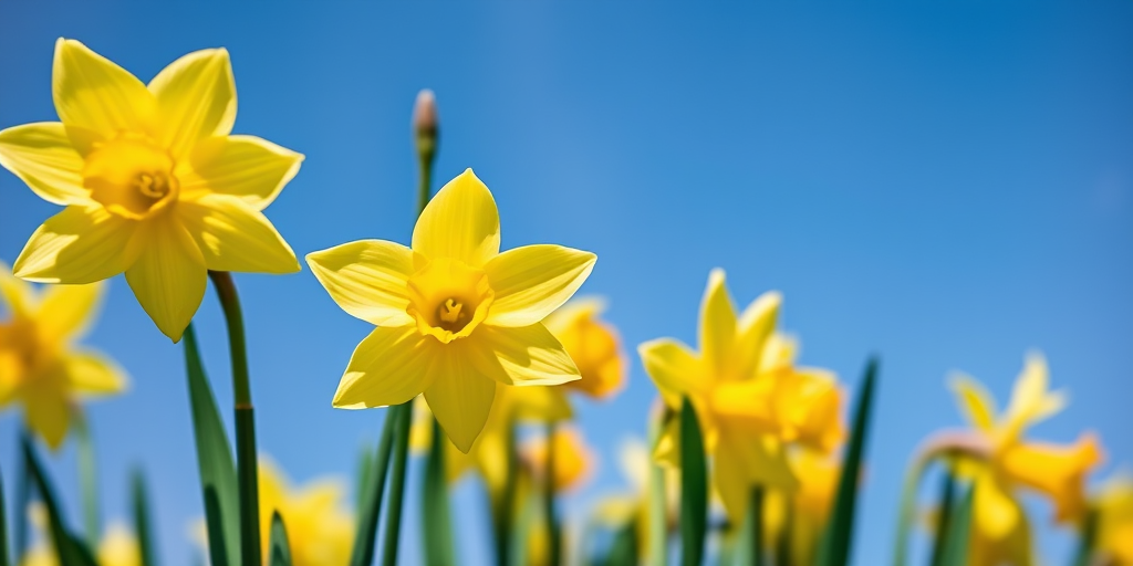 Close-up of blooming yellow daffodils against a clear blue sky, aperture f/2.8, shutter speed 1/500s, ISO 200, macro lens, natural light, DSLR camera.