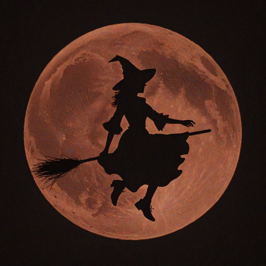 Double exposure, a silouette of a witch on a broomstick centered in the middle of an blood orange full moon.  Any suggestions on getting a good image of a witch on a broomstick centered in the middle of an blood orange full moon.  I tried different generators and changed the wording around.